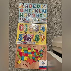 Melissa and Doug puzzles, letters, numbers and United States of America puzzle.